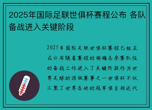 2025年国际足联世俱杯赛程公布 各队备战进入关键阶段